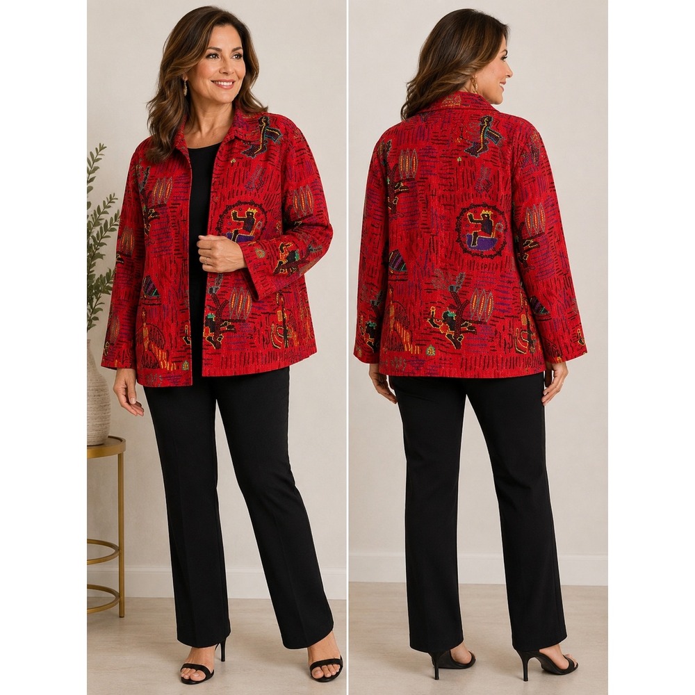 Chicos Design Red Silk Embroidered Art Jacket Womens Size 2 Large Vintage Style